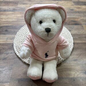 Ralph Lauren Romance White Teddy Bear with Pink Hoodie Embroidered Pony 15”